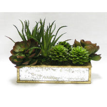 Load image into Gallery viewer, Wooden Short Rect.Container Small Gold Antique w/ Antique Mirror - Succulents Green &amp; Burgundy Artificial
