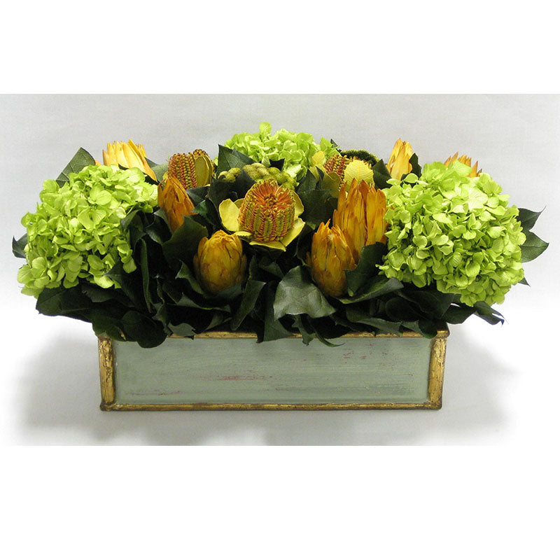 Wooden Short Rect. Container Grey Green - Banksia Coccinea Basil, Protea Yellow & Hydrangea Basil