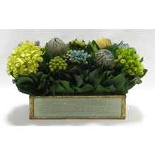Load image into Gallery viewer, Wooden Short Rect. Container Grey Green - Banksia, Pharalis &amp; Hydrangea Basil &amp; Natural Blue