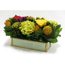 Load image into Gallery viewer, [WSRPS-GG-MLP4] Wooden Short Rect. Container Grey Green - Multicolor w/ Clover, Roses, Banksia, Protea &amp; Hydrangea Basil

