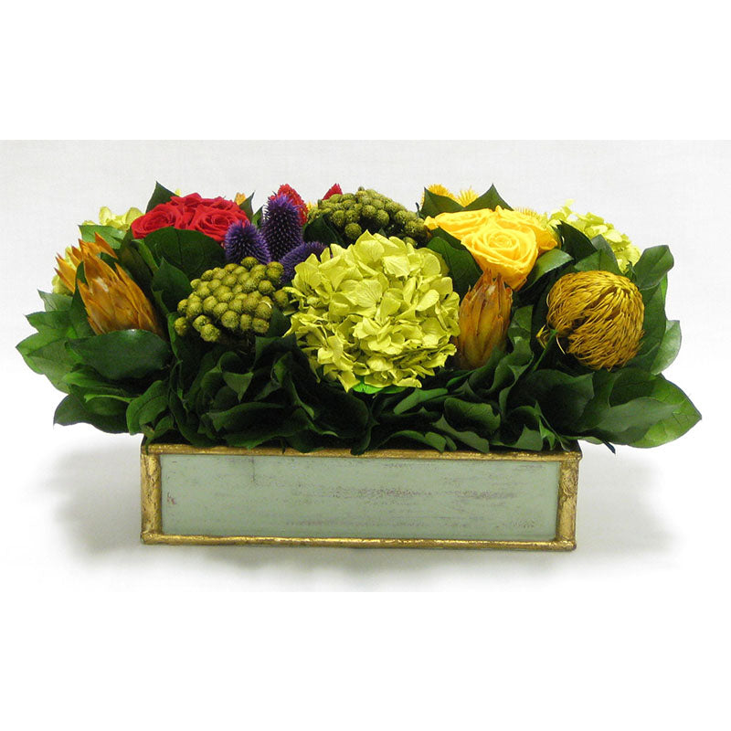 Wooden Short Rect. Container Grey Green - Multicolor w/ Clover, Roses, Banksia, Protea & Hydrangea Basil