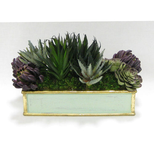 Wooden Short Rect. Container Grey Green  - Succulents Sage & Purple Artificial