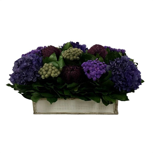 Wooden Short Rect.Container Antique Silver - Banksia Purple, Brunia Natural & Hydrangea Purple