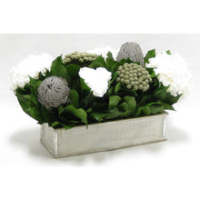 Load image into Gallery viewer, [WSRPS-GS-RBKBRHDW] Wooden Short Rect.Container Antique Silver - Roses White, Banksia Lt Grey, Brunia Nat &amp; Hydrangea White
