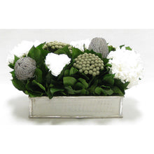 Load image into Gallery viewer, Wooden Short Rect.Container Antique Silver - Roses White, Banksia Lt Grey, Brunia Nat &amp; Hydrangea White

