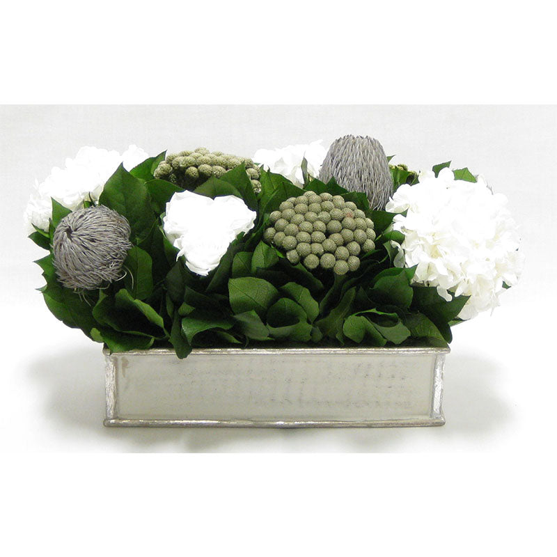 Wooden Short Rect.Container Antique Silver - Roses White, Banksia Lt Grey, Brunia Nat & Hydrangea White