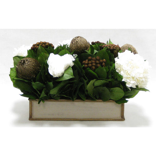 Wooden Short Rect Container Patina Distressed w/Bronze- Roses White, Banksia Bronze, Brunia Brown & Hydrangea White