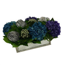 Load image into Gallery viewer, [WSRPS-SAM-BKSHDPUNB] Wooden Short Rect Container Small Silver Antique w/ Antique Mirror - Banksia Silver, Hydrangea Purple &amp; Natural Blue