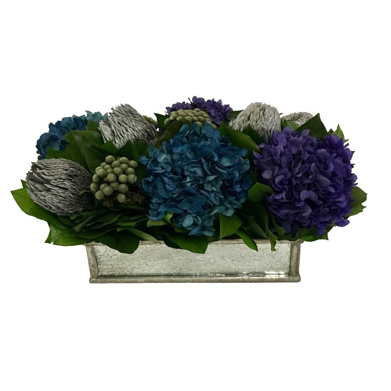 Wooden Short Rect Container Small Silver Antique w/ Antique Mirror - Banksia Silver, Hydrangea Purple & Natural Blue