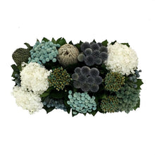 Load image into Gallery viewer, [WSRPS-SAM-ECHDW] Wooden Short Rect Container Small Silver w/ Antique Mirror - Echinops w/ Banksia, Brunia, Pharalis &amp; Hydrangea White