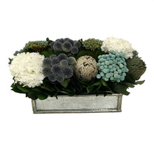 Load image into Gallery viewer, Wooden Short Rect Container Small Silver w/ Antique Mirror - Echinops w/ Banksia, Brunia, Pharalis &amp; Hydrangea White
