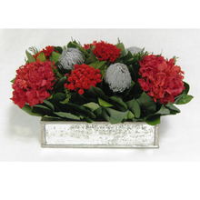 Load image into Gallery viewer, Wooden Short Rect Antique Silver Mirror Container - Silver Banksia &amp; Hydrangea Red