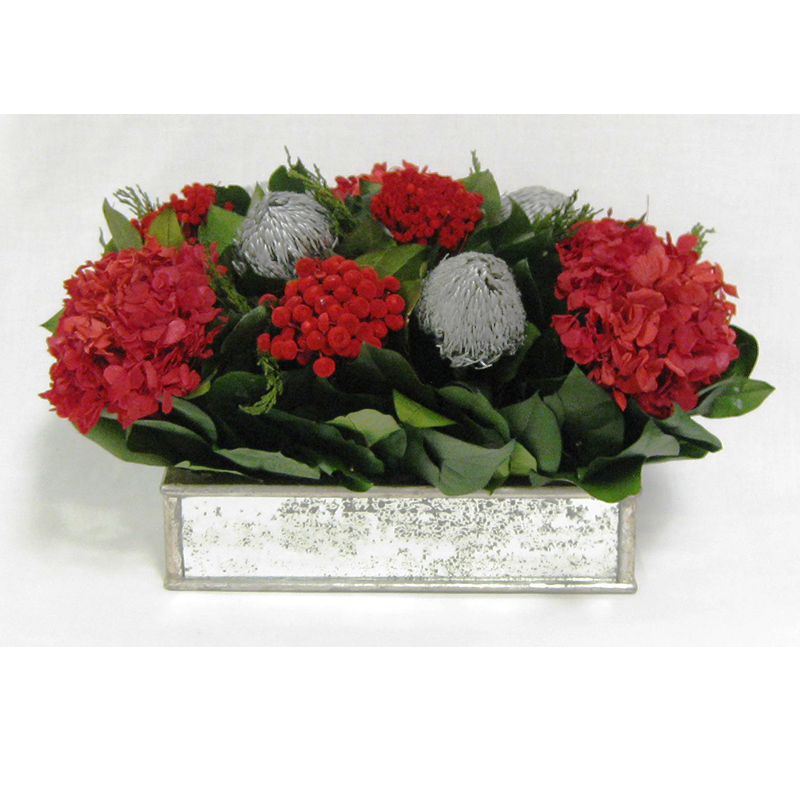 Wooden Short Rect Antique Silver Mirror Container - Silver Banksia & Hydrangea Red