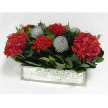 Load image into Gallery viewer, [WSRPS-SAM-HLD19] Wooden Short Rect Antique Silver Mirror Container - Silver Banksia &amp; Hydrangea Red