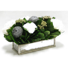 Load image into Gallery viewer, [WSRPS-SAM-RBKSIHDW] Wooden Short Rect Gold Small w/ Antique Mirror Container - Roses White, Banksia Silver, Brunia Natural &amp; Hydrangea White