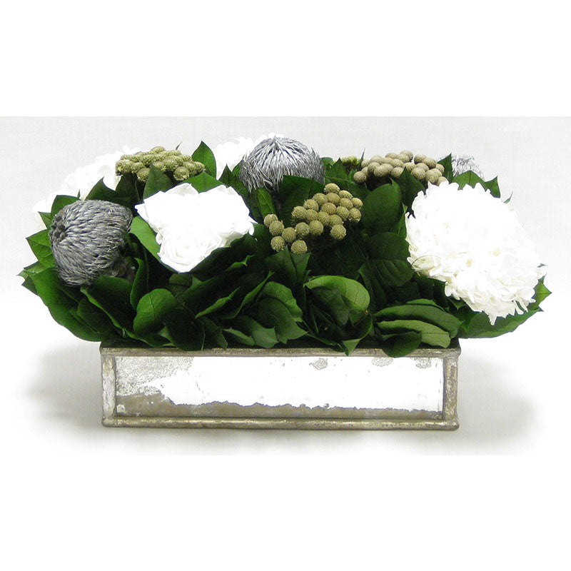 Wooden Short Rect Gold Small w/ Antique Mirror Container - Roses White, Banksia Silver, Brunia Natural & Hydrangea White