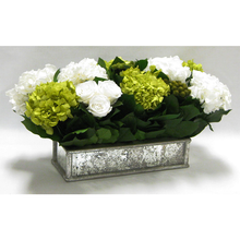 Load image into Gallery viewer, [WSRPS-SAM-RHDBHDW] Wooden Short Rect Gold Small w/ Antique Mirror Container - Roses White, Brunia Yellow &amp; Hydrangea Basil &amp; White
