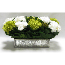Load image into Gallery viewer, Wooden Short Rect Gold Small w/ Antique Mirror Container - Roses White, Brunia Yellow &amp; Hydrangea Basil &amp; White
