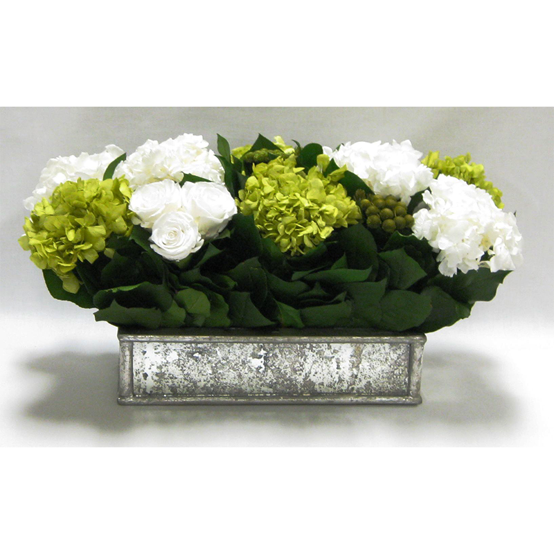 Wooden Short Rect Gold Small w/ Antique Mirror Container - Roses White, Brunia Yellow & Hydrangea Basil & White