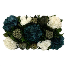 Load image into Gallery viewer, [WSRPS-SAM-RHDNBHDW] Wooden Short Rect Container Small Silver w/ Antique Mirror - Roses White, Brunia Natural Brunia, Hydrangea Natural Blue &amp; White