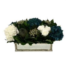 Load image into Gallery viewer, Wooden Short Rect Container Small Silver w/ Antique Mirror - Roses White, Brunia Natural Brunia, Hydrangea Natural Blue &amp; White