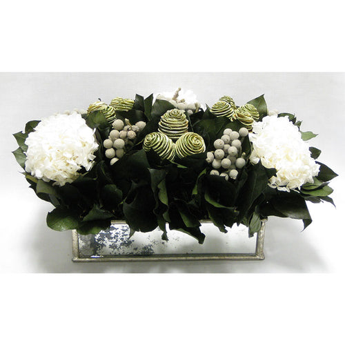 Wooden Short Rect Silver Small w/ Antique Mirror Container - Spiral Cone Frosted, Brunia Spray & Hydrangea White