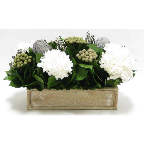 Wooden Short Rect.Container Natural - Banksia Gray, Brunia Natural & Hydrangea White