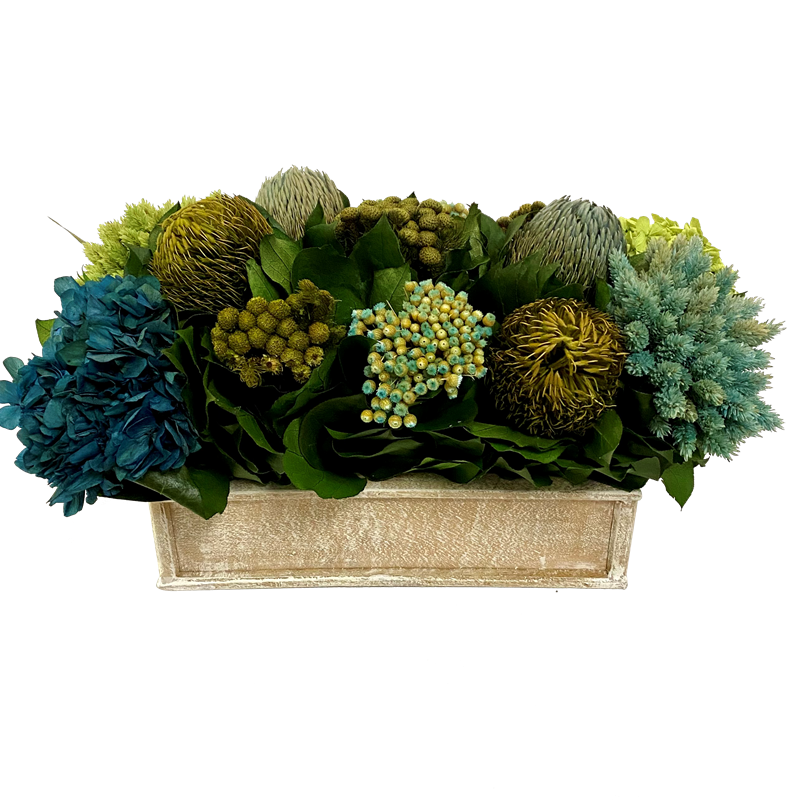 Wooden Short Rect Container Natural - Banksia, Pharalis, Hydrangea Basil & Natural Blue