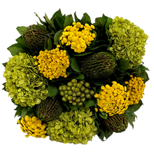 Load image into Gallery viewer, [WSSP-GG-ECCHDB] Wooden Short Square Container Grey Green w/Gold - Brunia Yellow, Buttons Yellow and Hydrangea Basil