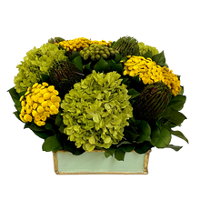 Load image into Gallery viewer, Wooden Short Square Container Grey Green w/Gold - Brunia Yellow, Buttons Yellow and Hydrangea Basil