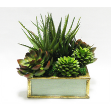 Load image into Gallery viewer, Wooden Short Square Container Green w/ Gold Antique - Succulents Green Artificial
