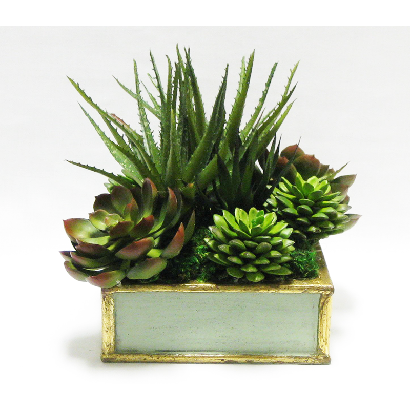 Wooden Short Square Container Green w/ Gold Antique - Succulents Green Artificial
