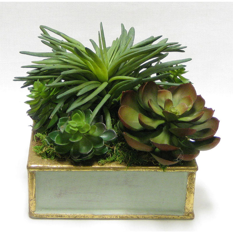 Wooden Short Square Container Gray Green w/ Gold - Succulents Green Artificial
