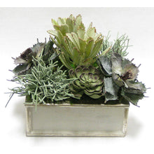 Load image into Gallery viewer, Wooden Short Square Container Antique Gray w/ Silver - Succulents Sage Artificial

