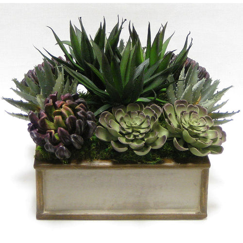 Wooden Short Square Container Patina w/ Bronze - Succulents Sage & Purple Artificial