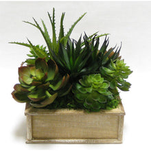 Load image into Gallery viewer, Wooden Short Square Container Weathered Natural - Succulents Green &amp; Burgundy Artificial