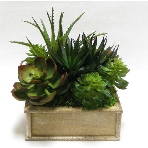 Wooden Short Square Container Weathered Natural - Succulents Green & Burgundy Artificial