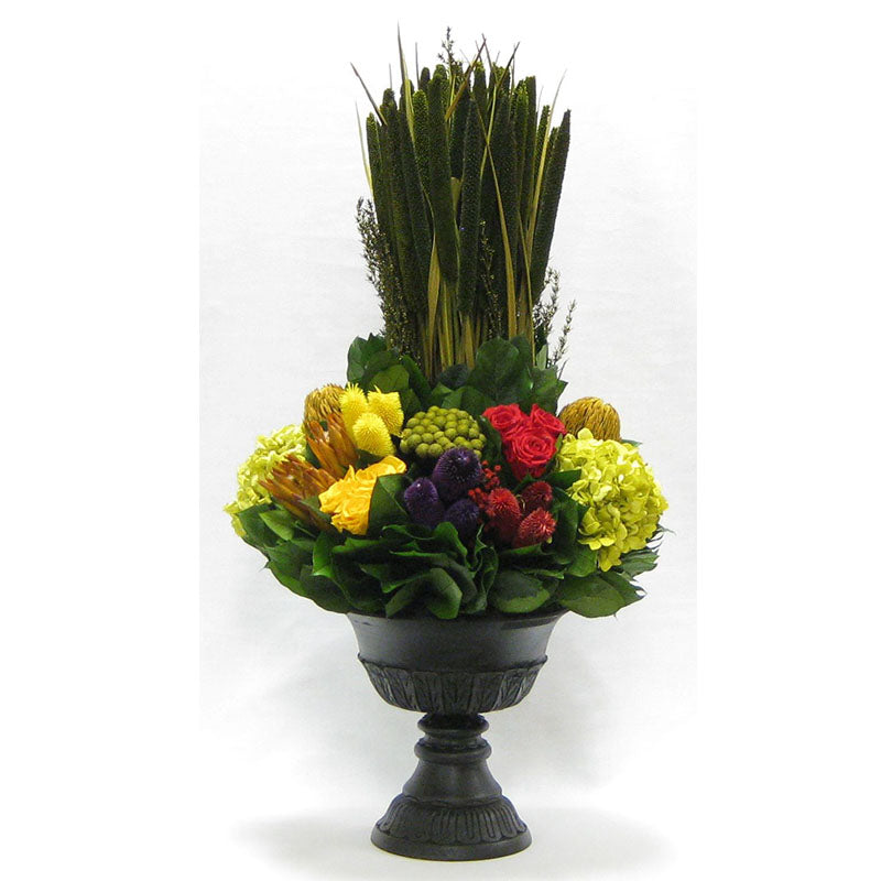 Wooden Urn Black Antique - Multicolor w/ Pensularia, Clover, Roses, Banksia, Protea & Hydrangea Basil
