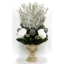 Load image into Gallery viewer, Wooden Urn Weathered Antique - Integ White, Phylica White, Banksia Grey &amp; Hydrangea White