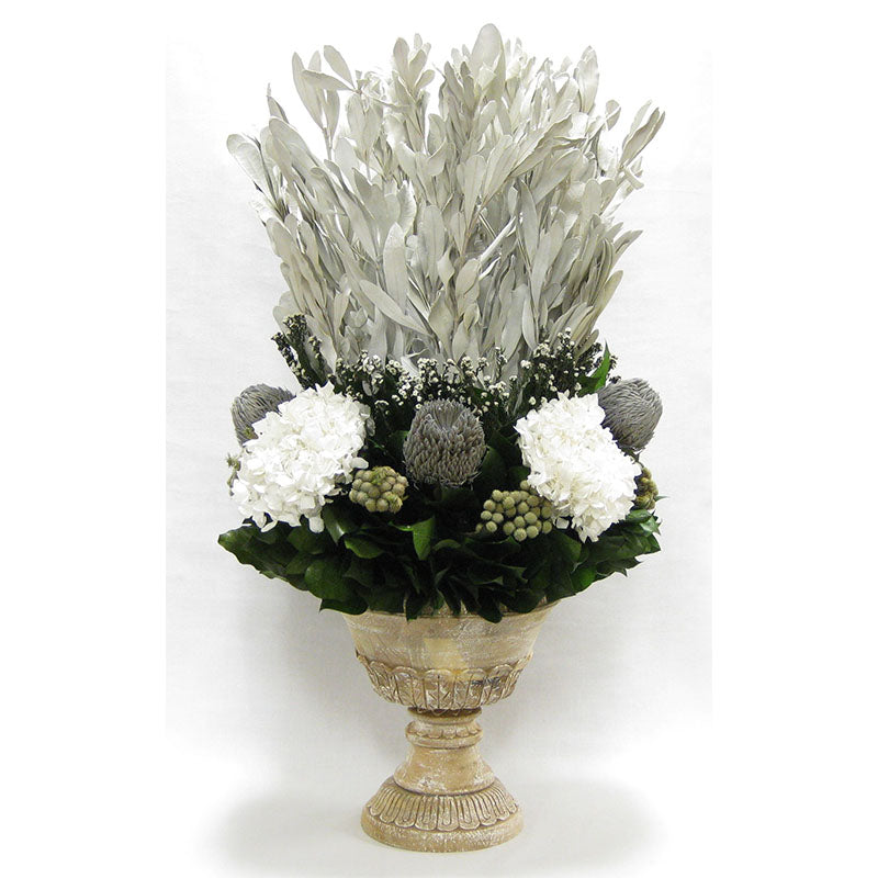 Wooden Urn Weathered Antique - Integ White, Phylica White, Banksia Grey & Hydrangea White