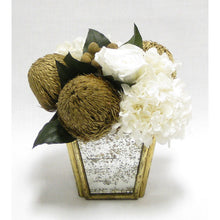 Load image into Gallery viewer, Small Wooden Container Gold  Antique w/Mirror - Banksia Gold &amp; Hydrangea White..