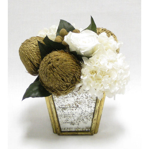 Small Wooden Container Gold  Antique w/Mirror - Banksia Gold & Hydrangea White..