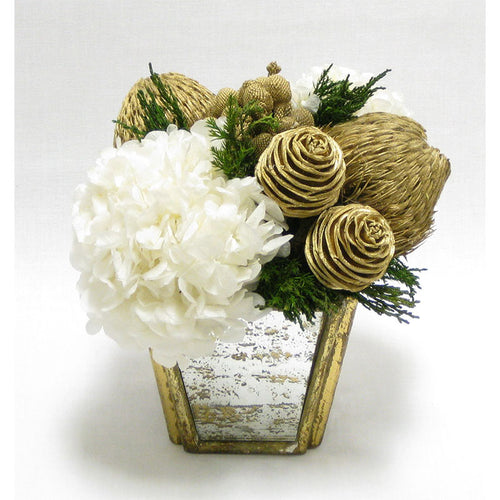 Small Wooden Container Gold Antique w/Mirror - Spiral Cones Gold & Hydrangea White..