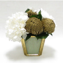 Load image into Gallery viewer, Wooden Small Container Grey Green - Banksia Gold &amp; Hydrangea White