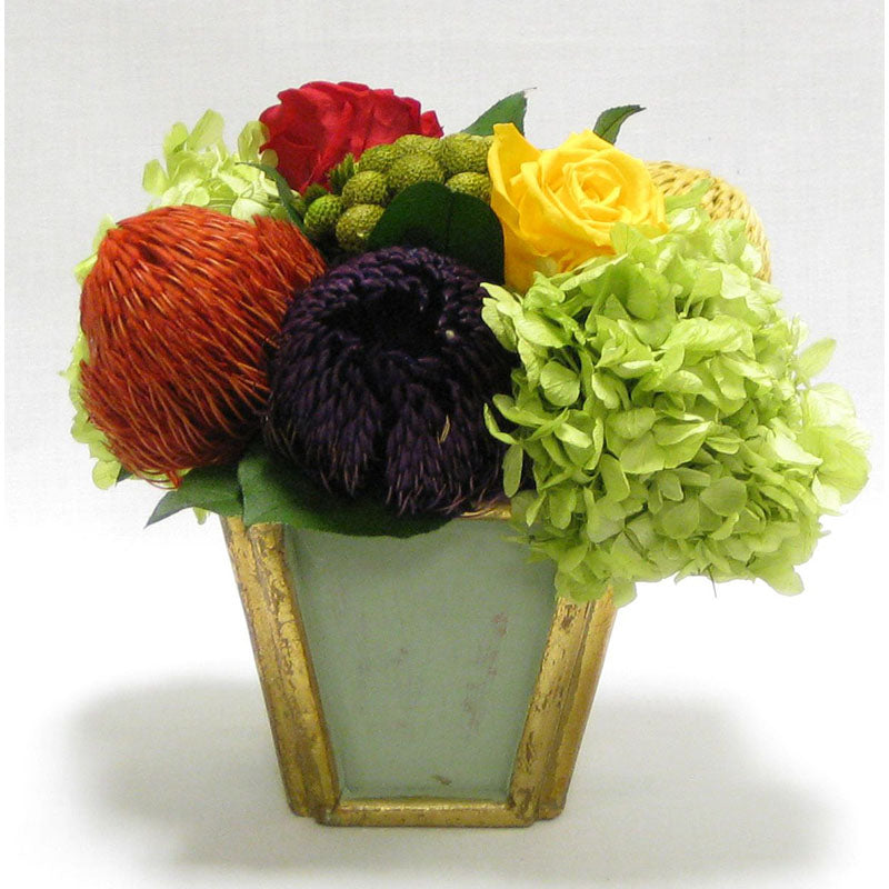 Wooden Small Container Grey Green - Banksia Red, Purple, Yellow, Roses Red & Yellow w/Hydrangea Basil