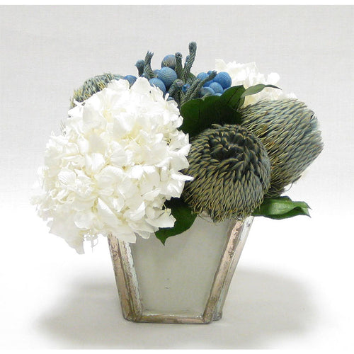 Wooden Small Container Grey Silver - Brunia Blue, Banksia Blue & Hydrangea White