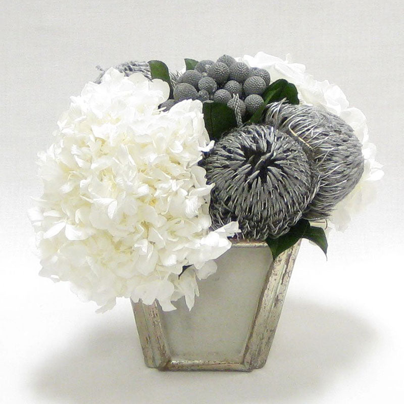 Wooden Small Container Grey Silver - Banksia Silver & Hydrangea White