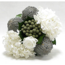Load image into Gallery viewer, [WXSP-GS-RBKBRHDW] Wooden Small Container Grey Silver - Roses White, Banksia Lt Grey, Brunia Nat &amp; Hydrangea White