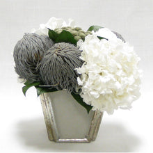 Load image into Gallery viewer, Wooden Small Container Grey Silver - Roses White, Banksia Lt Grey, Brunia Nat &amp; Hydrangea White