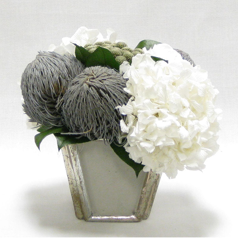 Wooden Small Container Grey Silver - Roses White, Banksia Lt Grey, Brunia Nat & Hydrangea White